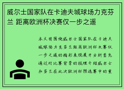 威尔士国家队在卡迪夫城球场力克芬兰 距离欧洲杯决赛仅一步之遥