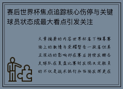 赛后世界杯焦点追踪核心伤停与关键球员状态成最大看点引发关注